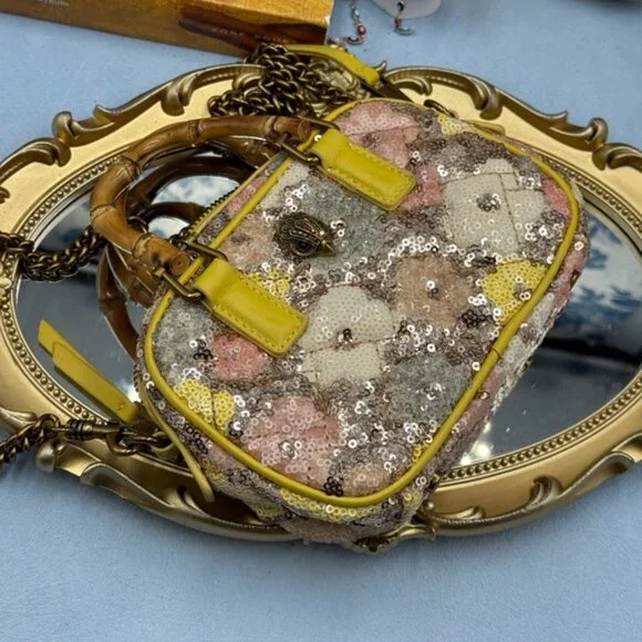 🆕 KURT GEIGER LONDON 🧿 NWOT XS Kensington Duffle, Yellow Floral Sequins - Picture 13 of 16